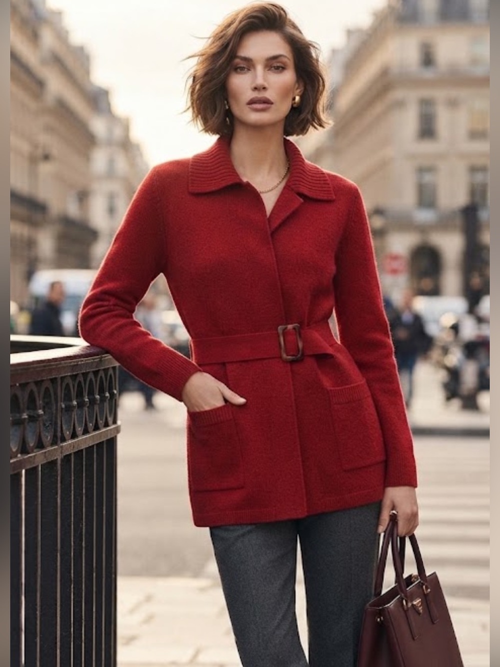 NWOT Vintage Rodier Paris Red Belted Knit Coat Sweater Jacket Size 14
